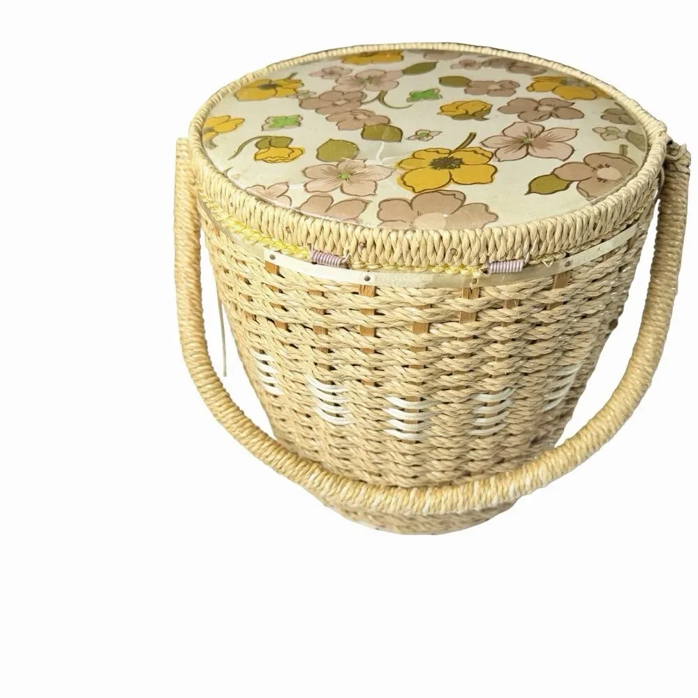 Dritz Sewing Basket Mid Century MCM Yellow Floral Pattern Retro 1970's Ditsy